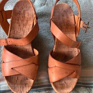 Brown Leather Kork East Wedge Sandals with Ankle Strap